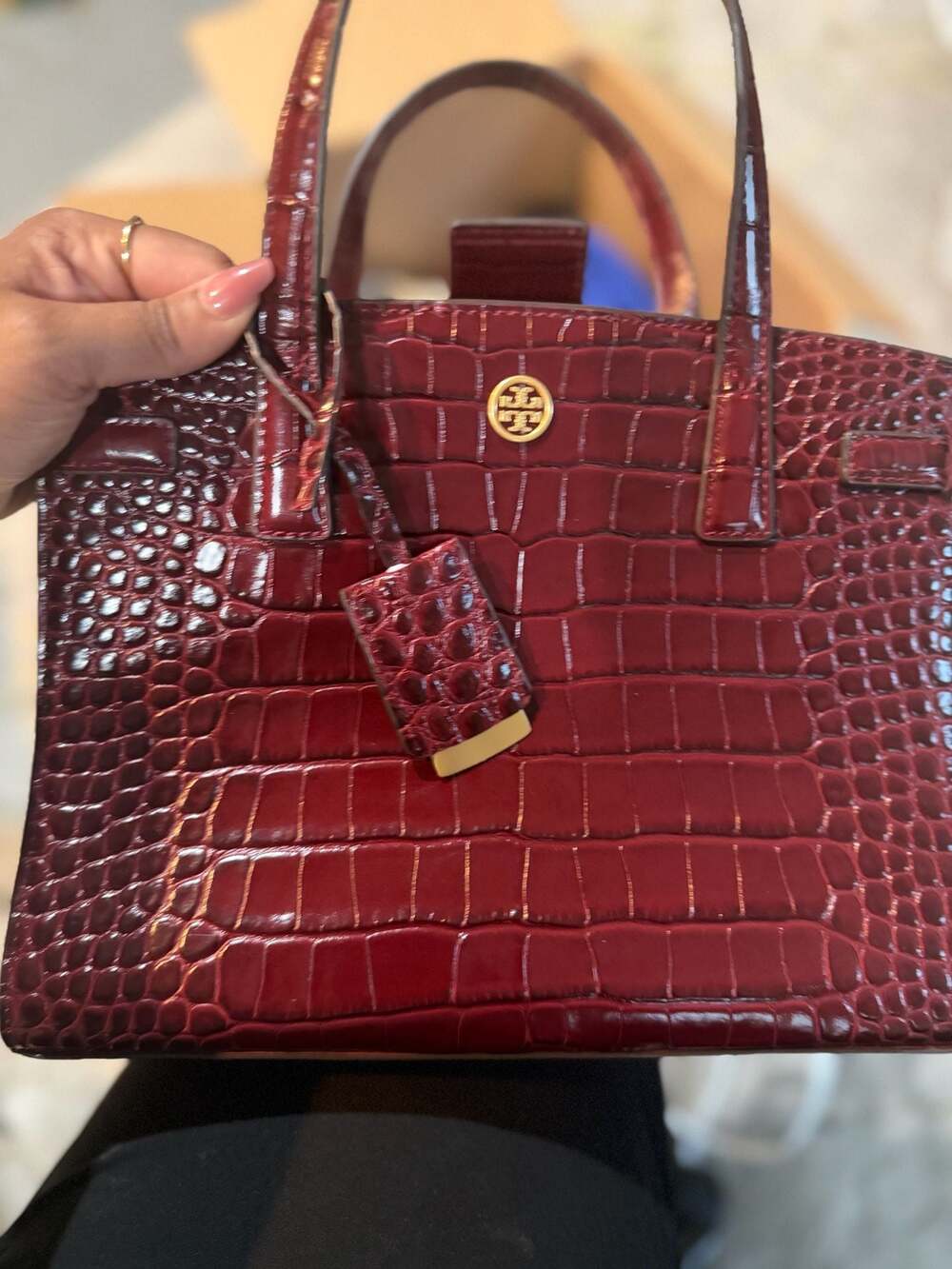 Tory Burch Walker Croc-Embossed Small Satchel in Burgundy - Picture 5 of 7